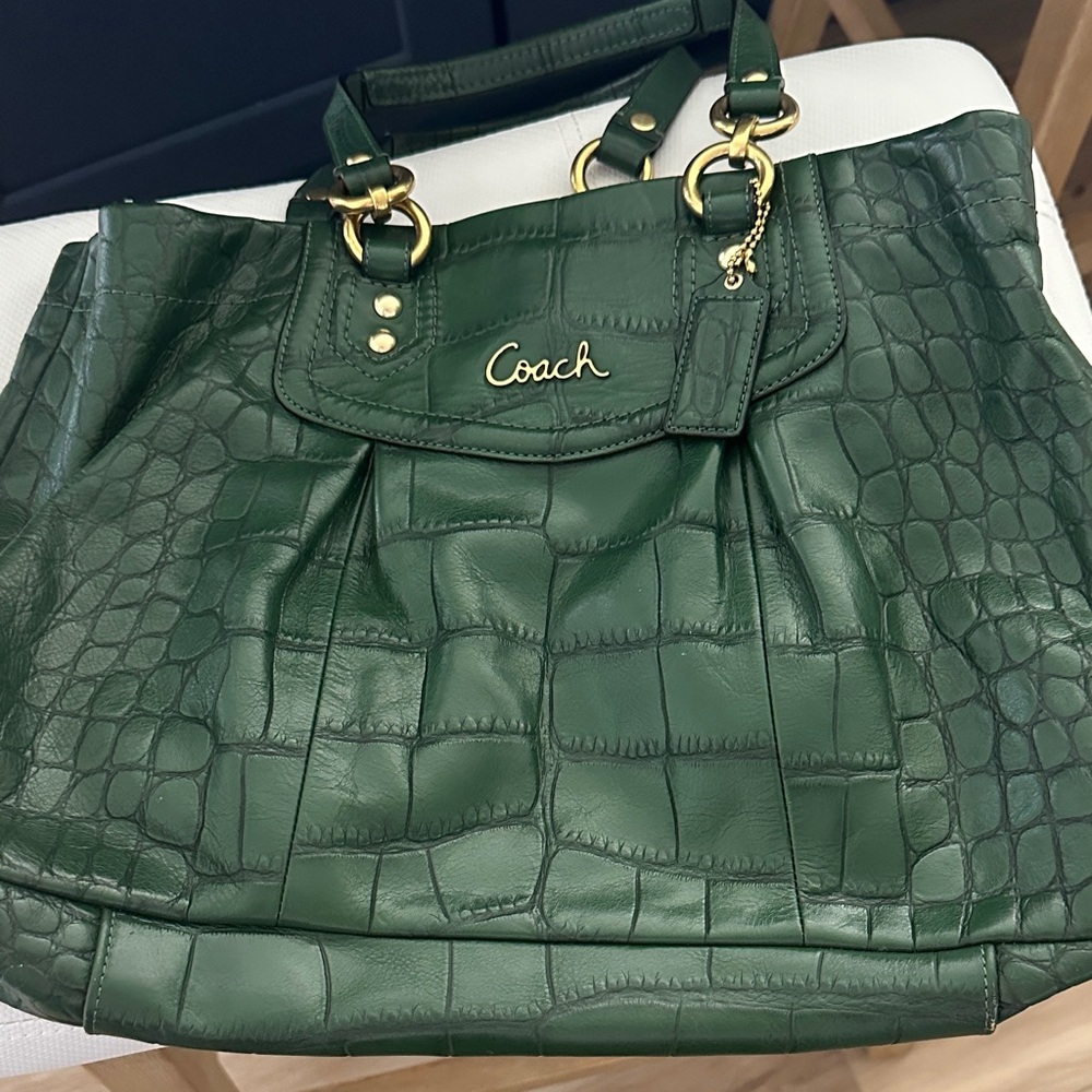 Coach Forest Green Croc-Embossed Shoulder Bag